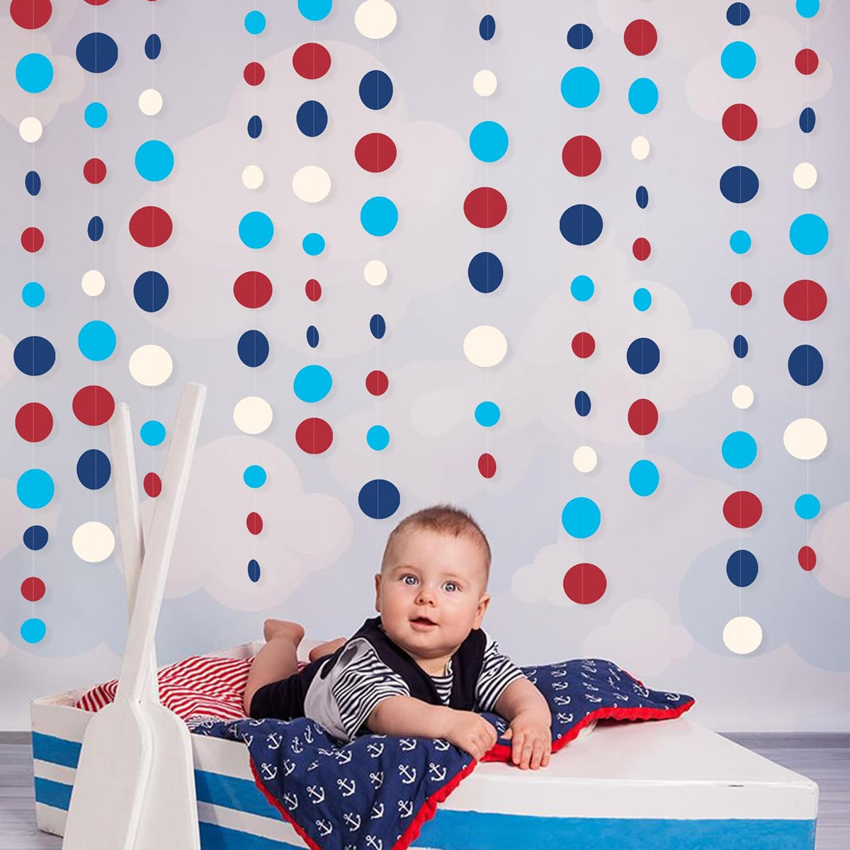 Nautical Party Decorations Circle Dot Garland Navy Blue Red White Hanging Paper Polka Dot Streamer