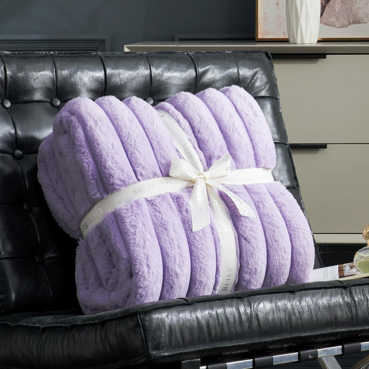 Cozy Bliss Faux Fur Throw Blanket for Couch, Cozy Warm Plush Striped Blanket for Sofa Bedroom
