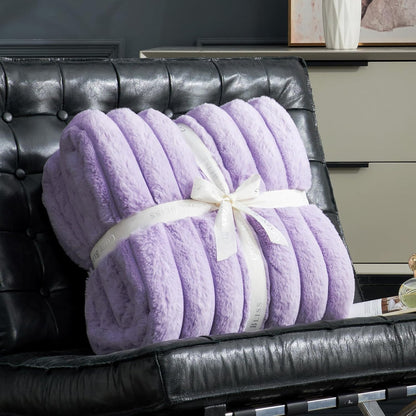Cozy Bliss Faux Fur Throw Blanket for Couch, Cozy Warm Plush Striped Blanket for Sofa Bedroom