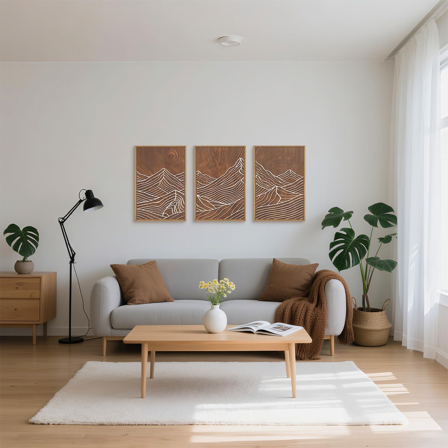 HPINUB Line Style Mountain Framed Canvas Wall Art Set, Vintage Tree Rings Wall Decor, Abstract Tree