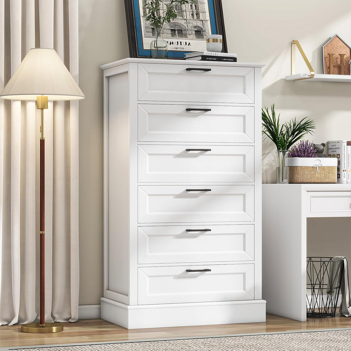 White 6 Drawer Dresser, 55 Inch Tall White Dresser for Bedroom, Modern Farmhouse Style Chest of