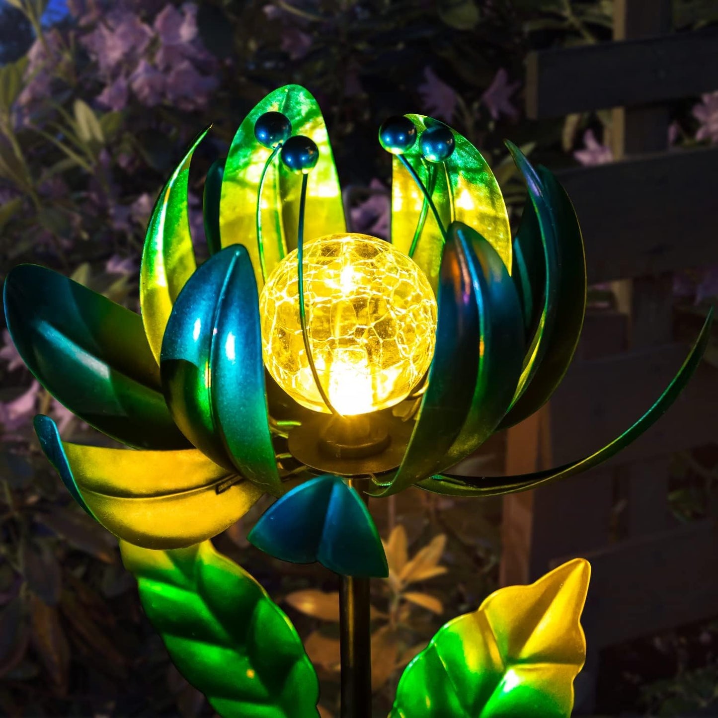 Solar Garden Lights Metal Flower Decor, Colorful Spinning Windmill Lotus Pathway Ligths with LED