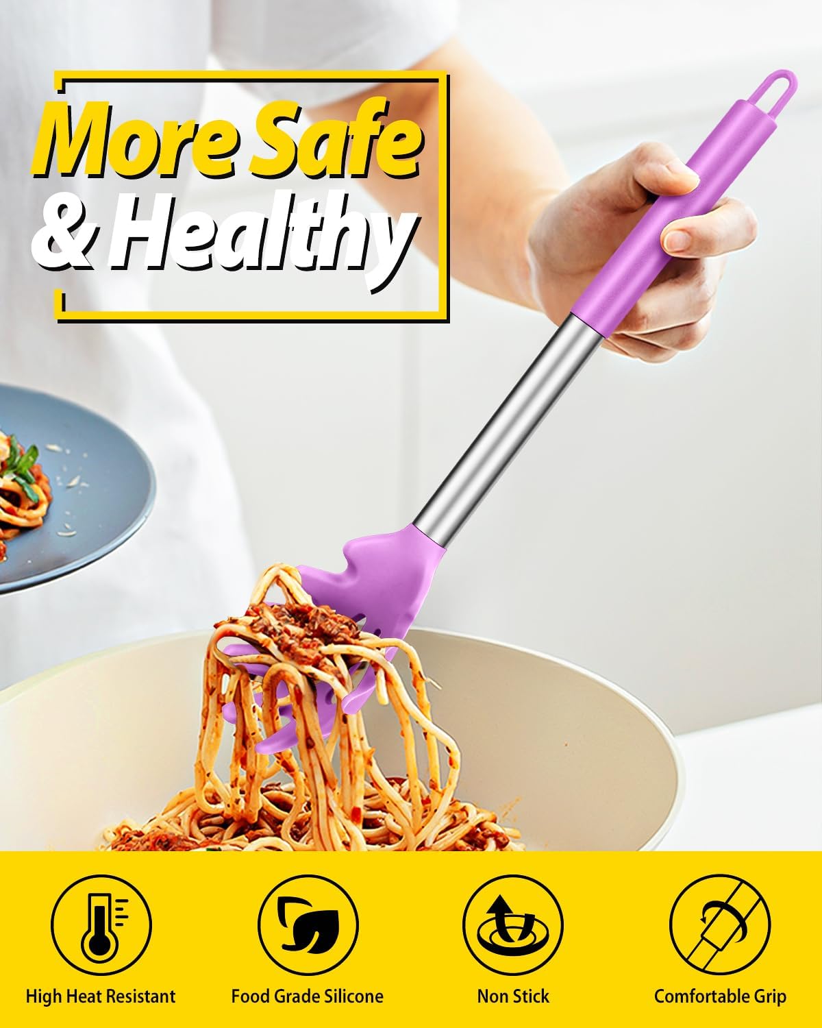 Silicone Pasta Fork and Ladle Spoon Set, Large Non Stick Kitchen Utensils for