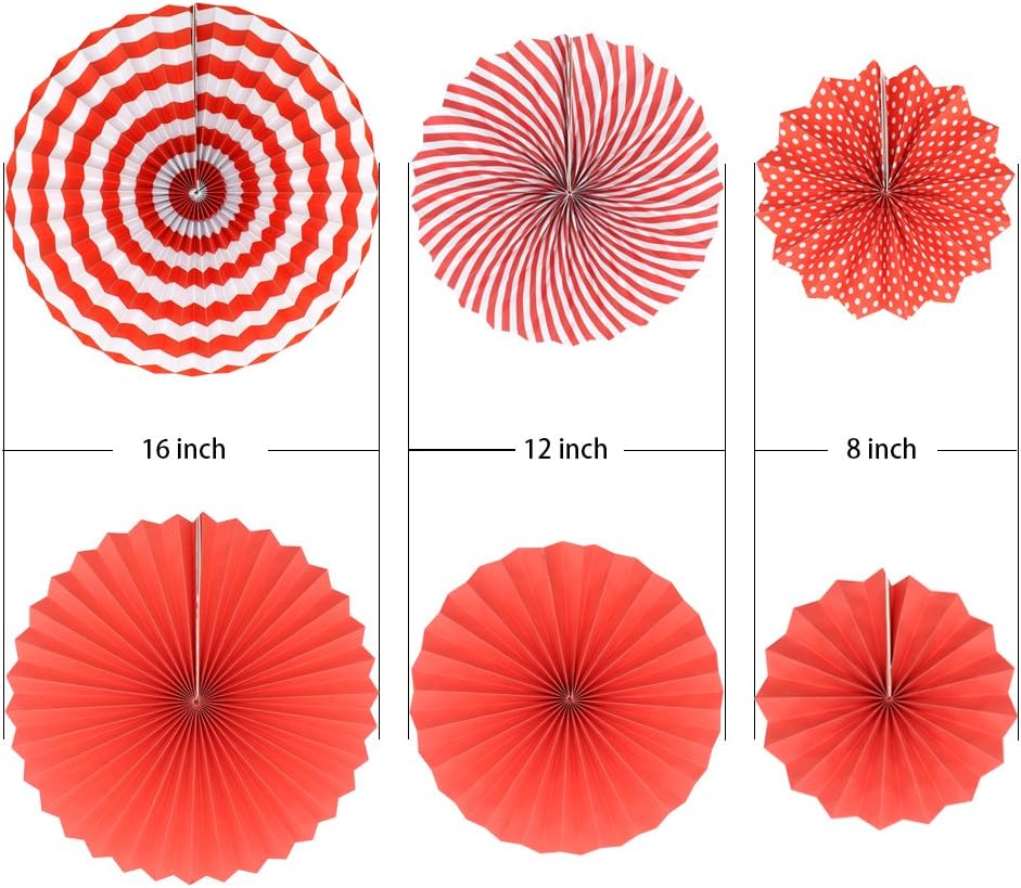 Party Hanging Paper Fans Set, Red Round Pattern Paper Garlands Decoration for Birthday Wedding
