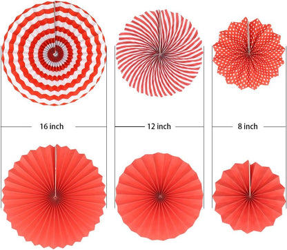 Party Hanging Paper Fans Set, Red Round Pattern Paper Garlands Decoration for Birthday Wedding