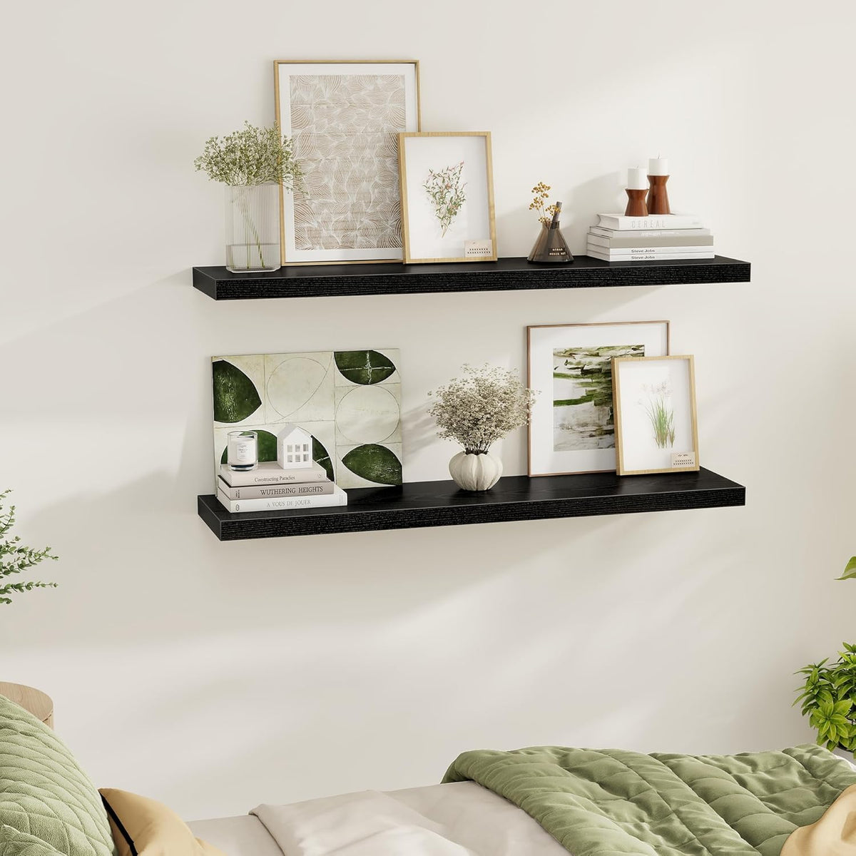 Black Floating Shelves Wall Shelf 48 Inch, 9.3 Inch Deep Floating Shelf for Wall, Farmhouse Black