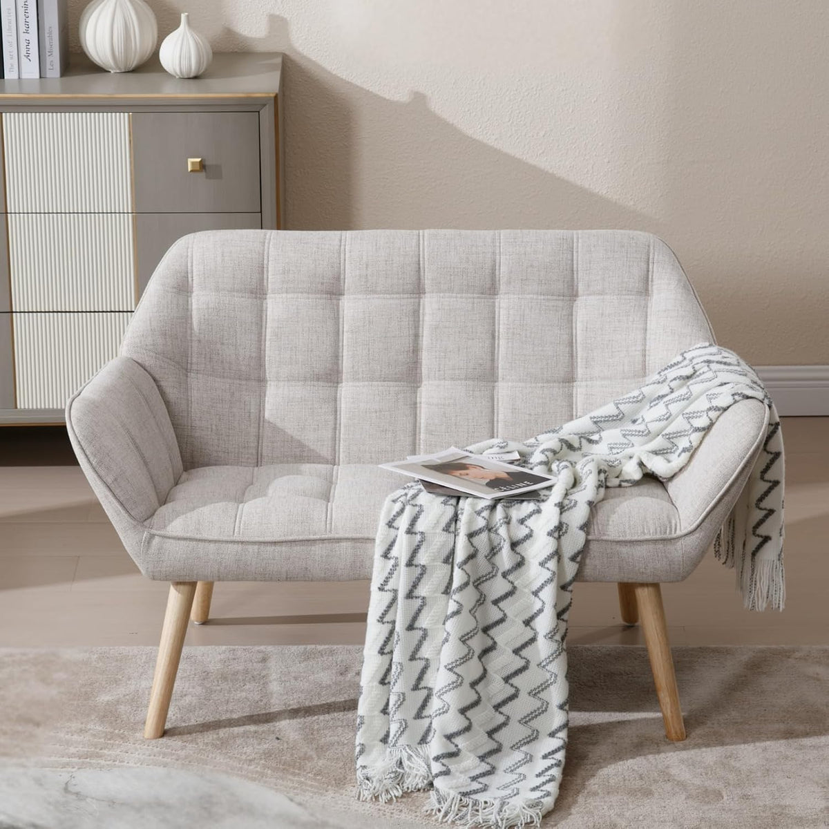 48”Small Loveseat Sofa, Modern Linen Upholstered Mini Couch 2-Seater Fluffy Love Seat with Quilting