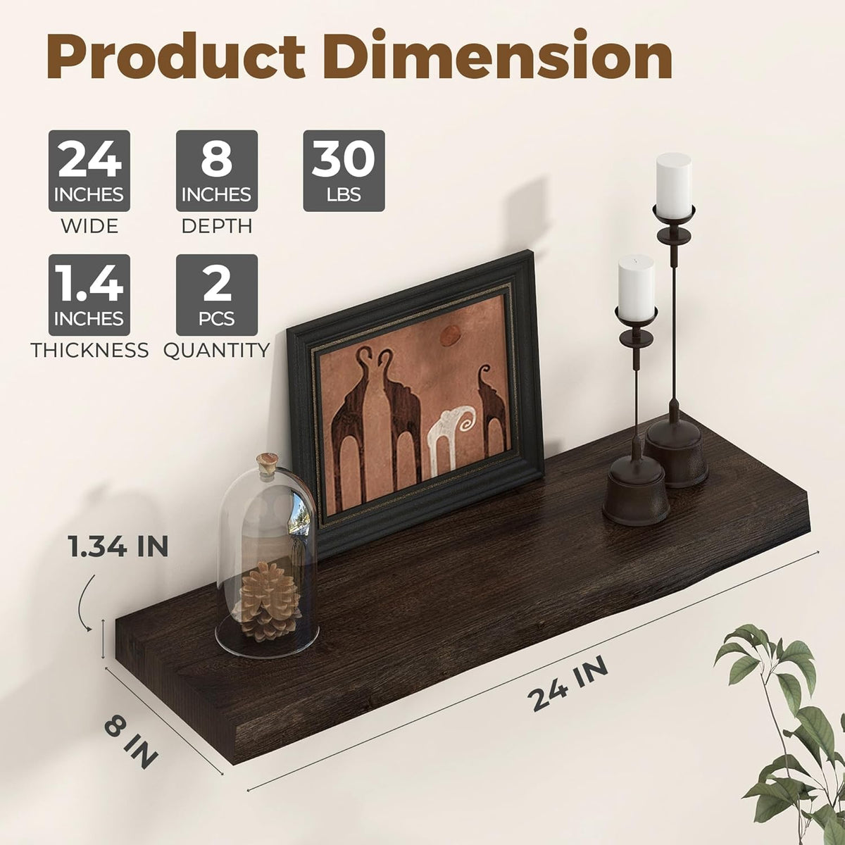 Axeman 24 inch Floating Shelves for Wall - 8'' D Live Edge Rustic Solid Elm Wood Floating Shelves