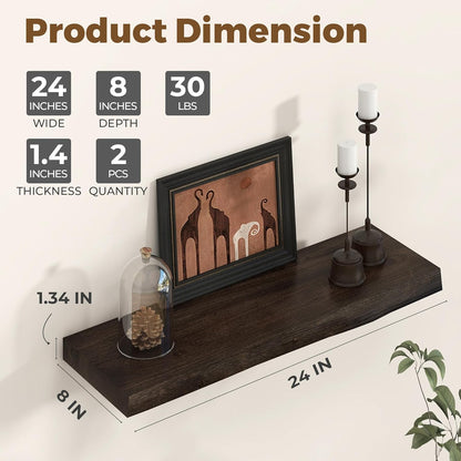 Axeman 24 inch Floating Shelves for Wall - 8'' D Live Edge Rustic Solid Elm Wood Floating Shelves