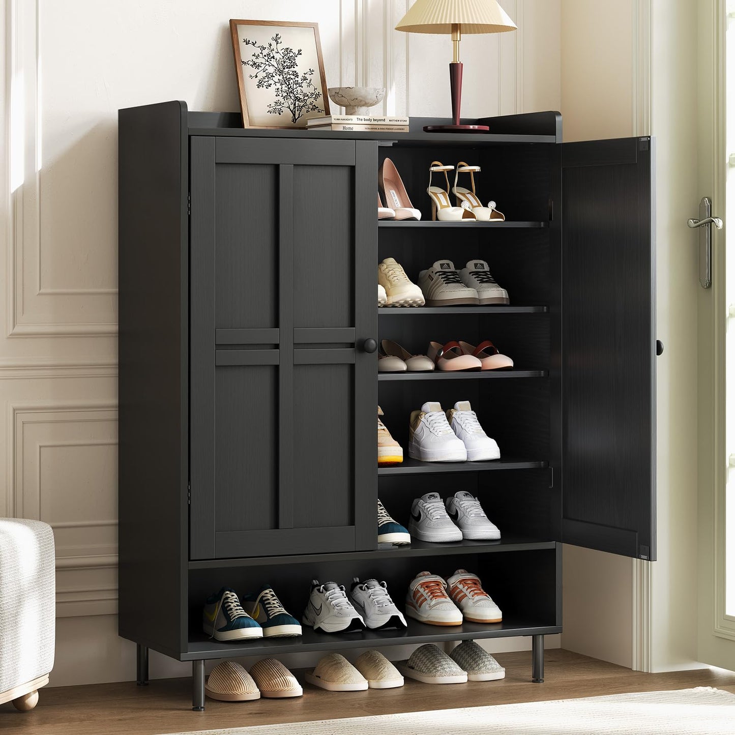 ComfyCorner Shoe Cabinet with Cross Molding Doors, 6-Tier Storage, Black