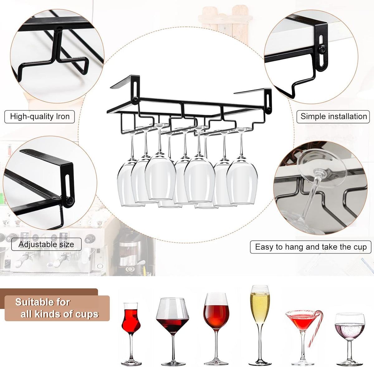 AUHOKY 2Pcs Adjustable Wine Glass Rack Under Cabinet, Punch-Free 3 Rows Stemware Metal Holder