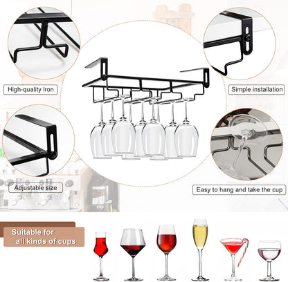 AUHOKY 2Pcs Adjustable Wine Glass Rack Under Cabinet, Punch-Free 3 Rows Stemware Metal Holder