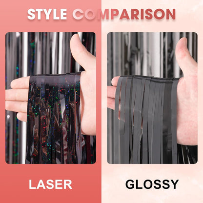 3 Pack 3.3 x 8.2 ft Laser Black Foil Fringe Backdrop Curtains, Tinsel Streamers Birthday Party