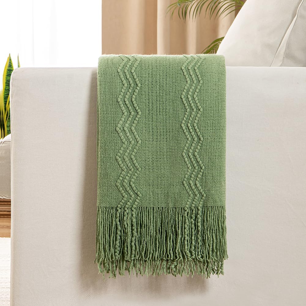 MIULEE Sage Green Knitted Throw Blanket for Couch Textured Spring Knit Blanket with Tassels Cozy