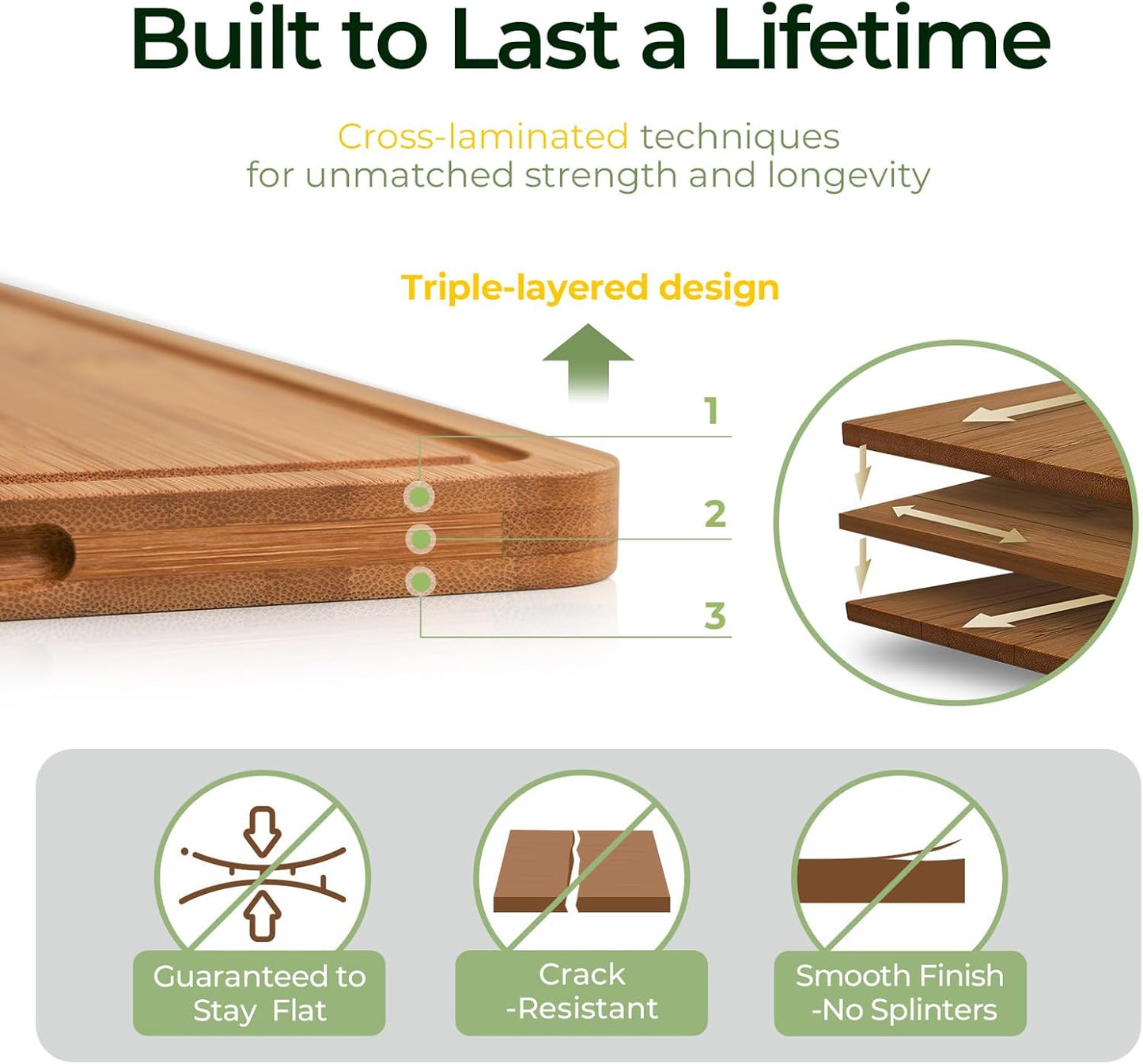 Bamboo Cutting Board, Durable Wood Cutting Boards for Kitchen with Deep Juice Grooves & Built-in