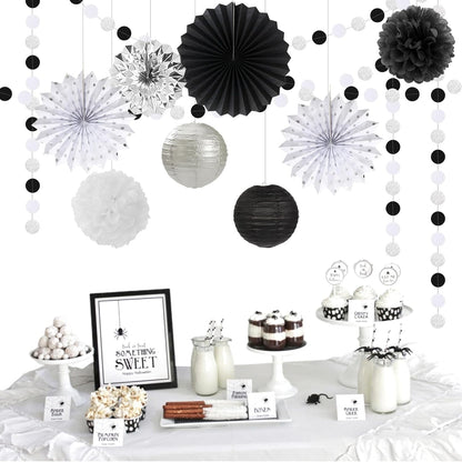 Black-White Silver Party-Decorations Paper-Lanterns - 14pcs New Years Streamers Fan,Tissue Pom