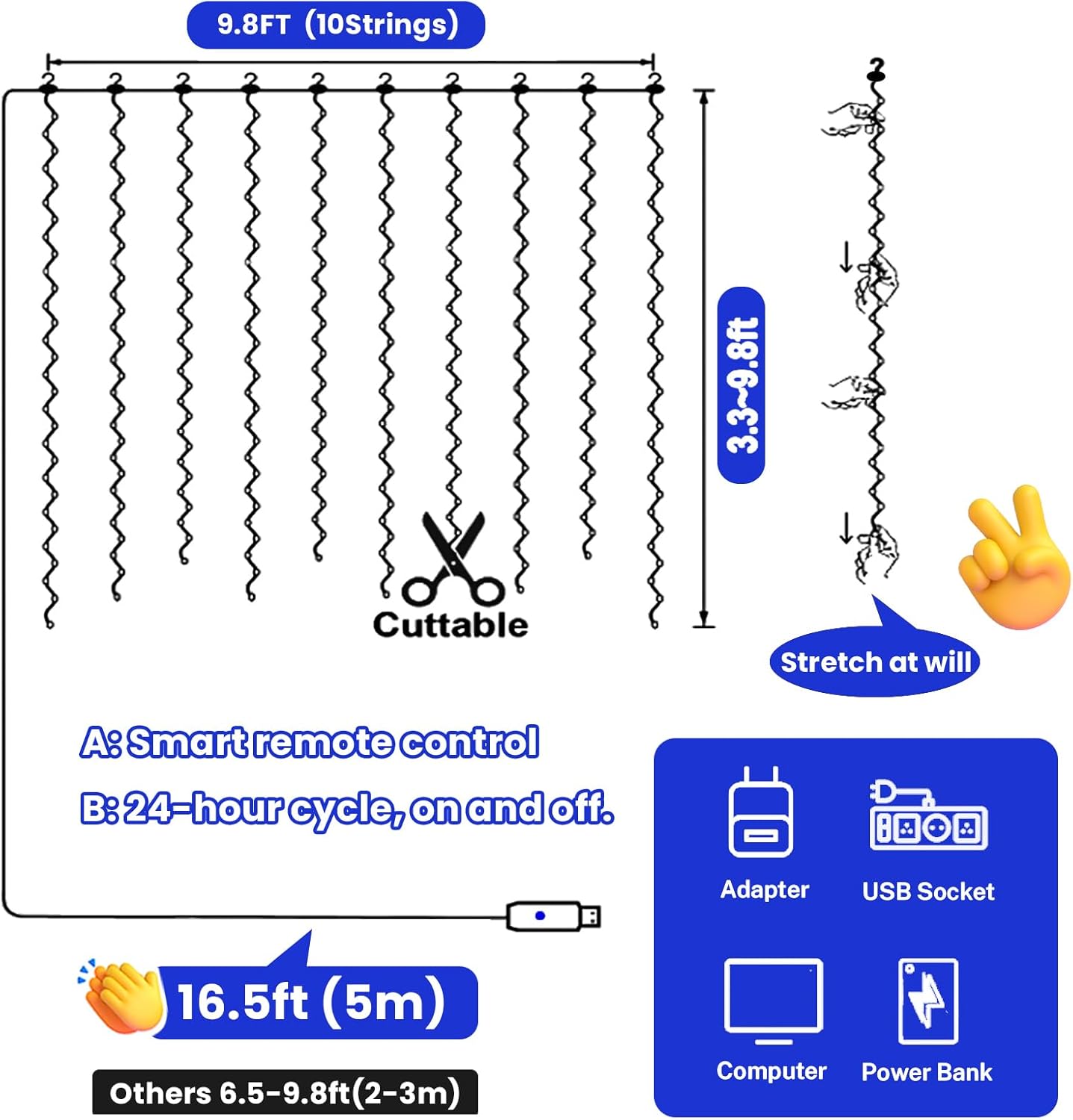 HXWEIYE 300LED Blue Fairy Curtain Lights with Remote 8 Modes Timer for Bedroom, 9.8x9.8Ft USB Plug