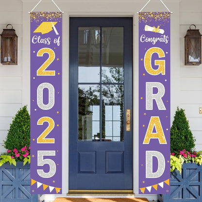 Graduation Decorations 2025 GRAD Banner Purple Porch Door Sign Welcome Banner For Indoor Outdoor