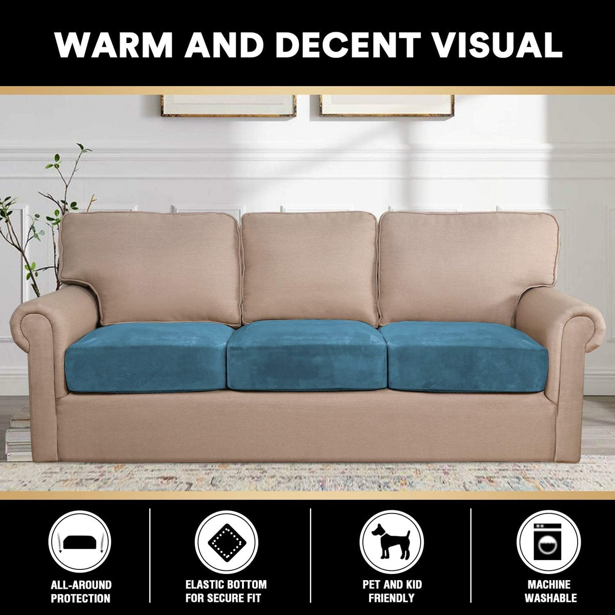 PrinceDeco Couch Cushion Covers, Stretch Washable Sofa Cushion Cover, Fitted Sofa Slipcover Velvet