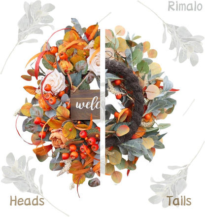 Fall Wreath for Front Door, 24 Inch Autumn Wreath with lamb's Ear Leaves, Roses, Berries & Wooden