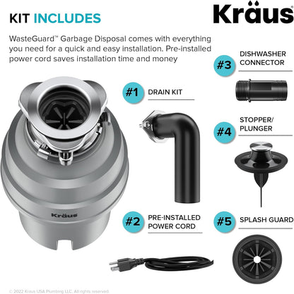 KRAUS WasteGuard High-Speed 1 HP Continuous Feed Ultra-Quiet Motor Garbage Disposal with Power Cord