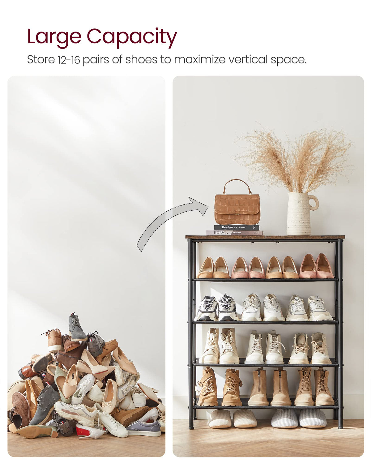 VASAGLE Shoe Rack, 5-Tier Shoe Storage Organizer for Entryway and Closet, Holds 12-16 Pairs of