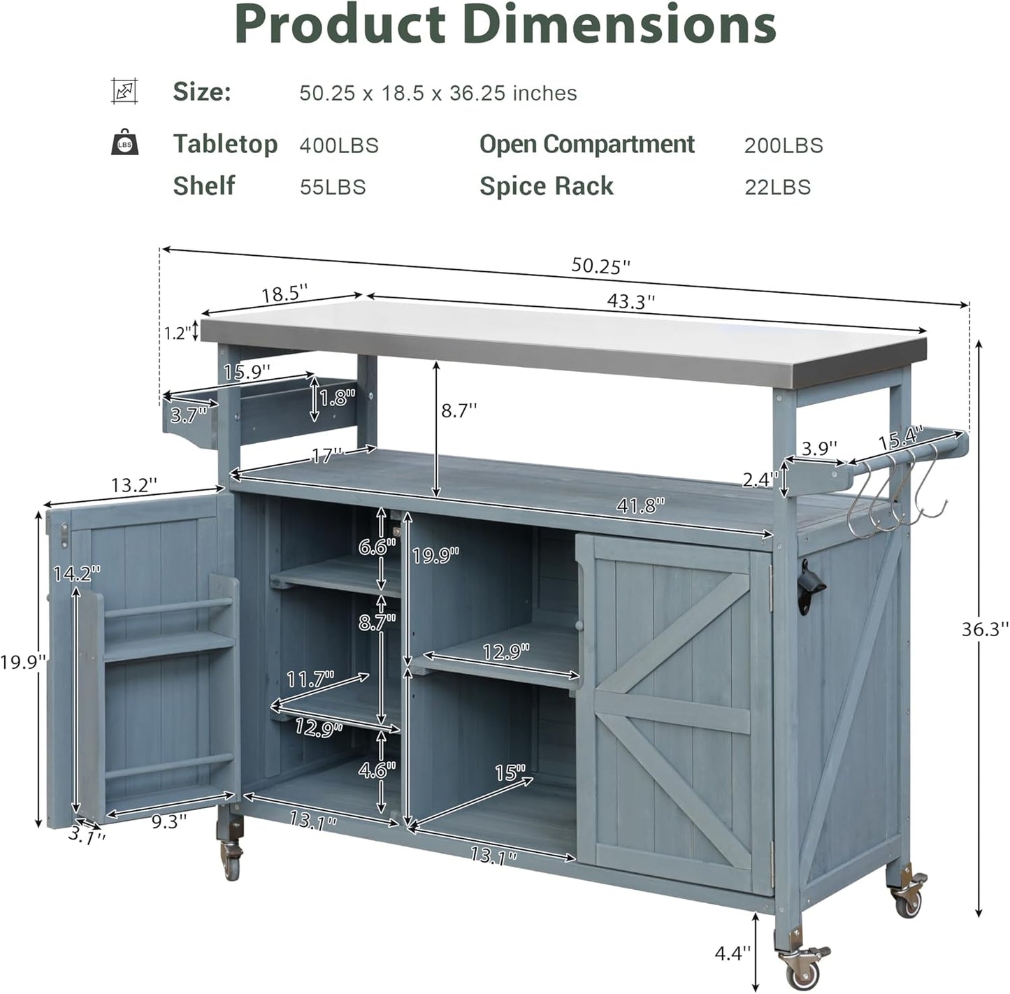 50.25" Outdoor Kitchen Island with Rolling Bar Cart & Storage Cabinet, Farmhouse Solid Wood Grill