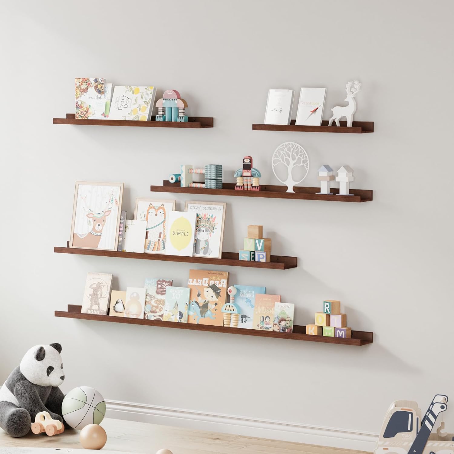 SAUMONIERES Picture Ledge Shelf Floating Book Shelves Set of 2 Wall Mounted Solid Wood for Bedroom