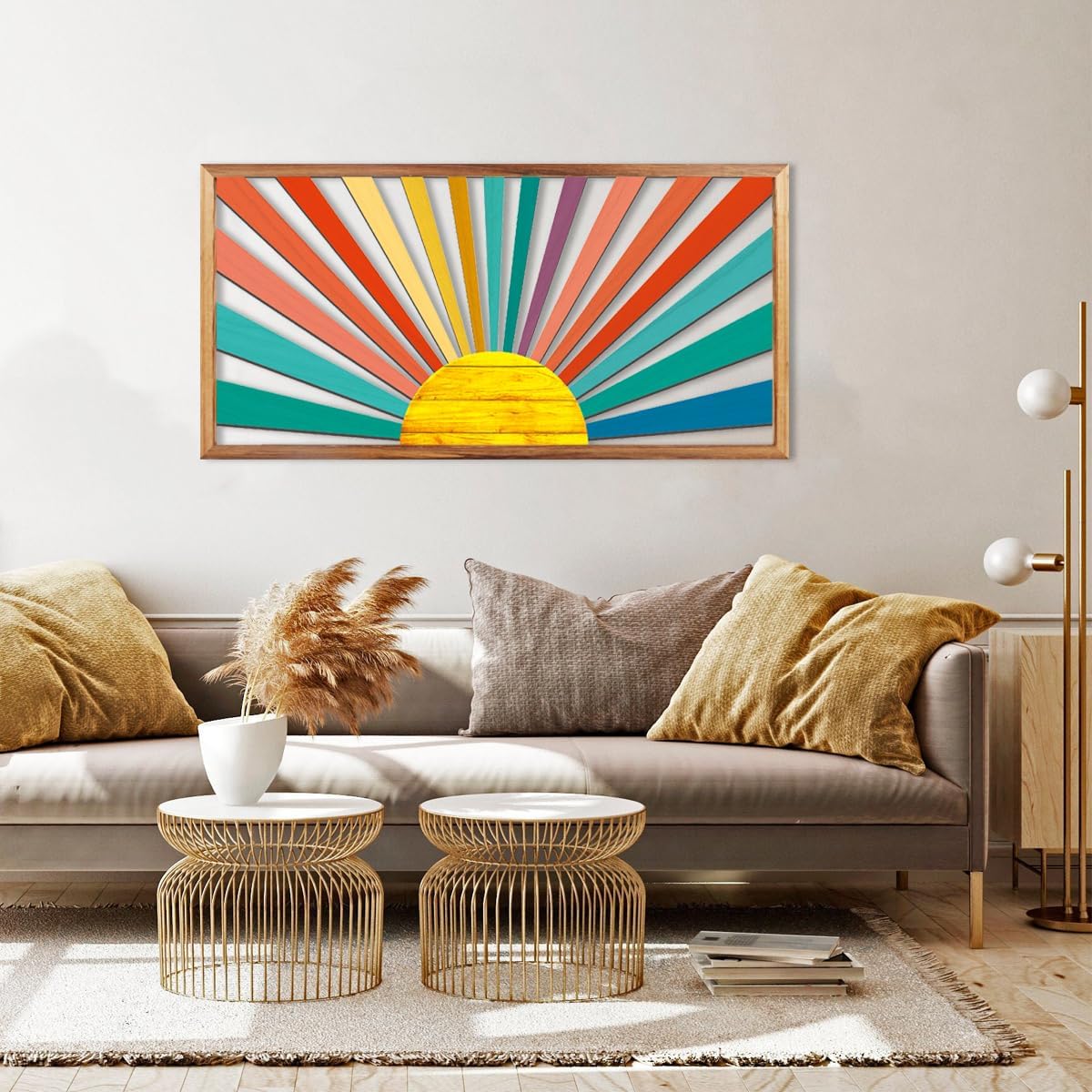 IARTTOP Large Boho Sun Wall Art Framed Wooden Art Wall Decor Sun Geometric Line Sunshine Wall Art