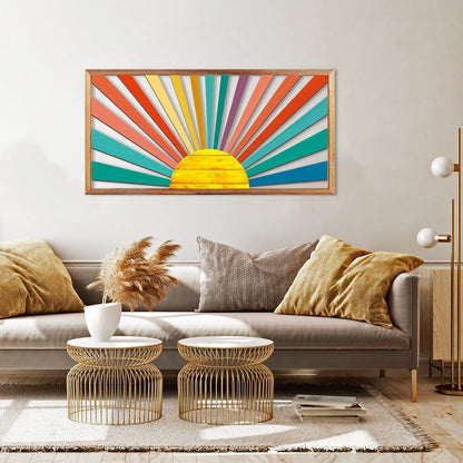 IARTTOP Large Boho Sun Wall Art Framed Wooden Art Wall Decor Sun Geometric Line Sunshine Wall Art