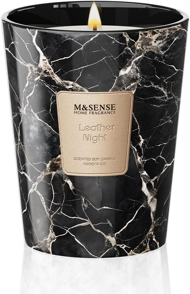 M&SENSE LeatherNight Scented Candles for Home, Lead-Free Wick Highly Scented Jar Candles, 14.1 Oz
