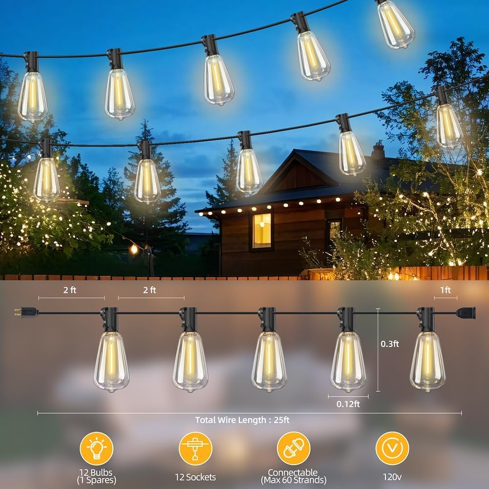 ST38 Outdoor String Lights 25FT with 12+1 LED Bulbs, E12 Socket, Waterproof Commercial Grade, 2700K