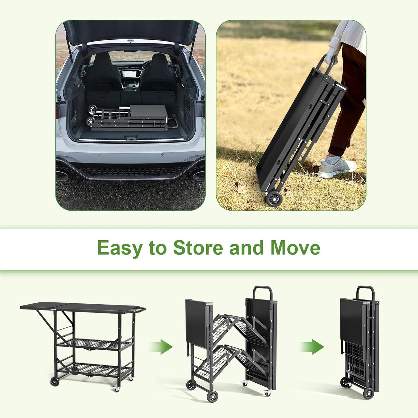 Himix Folding Grill Cart, 3 Tier Outdoor Grill Table with Side, 4 Hooks, Pizza Oven Cooking Prep