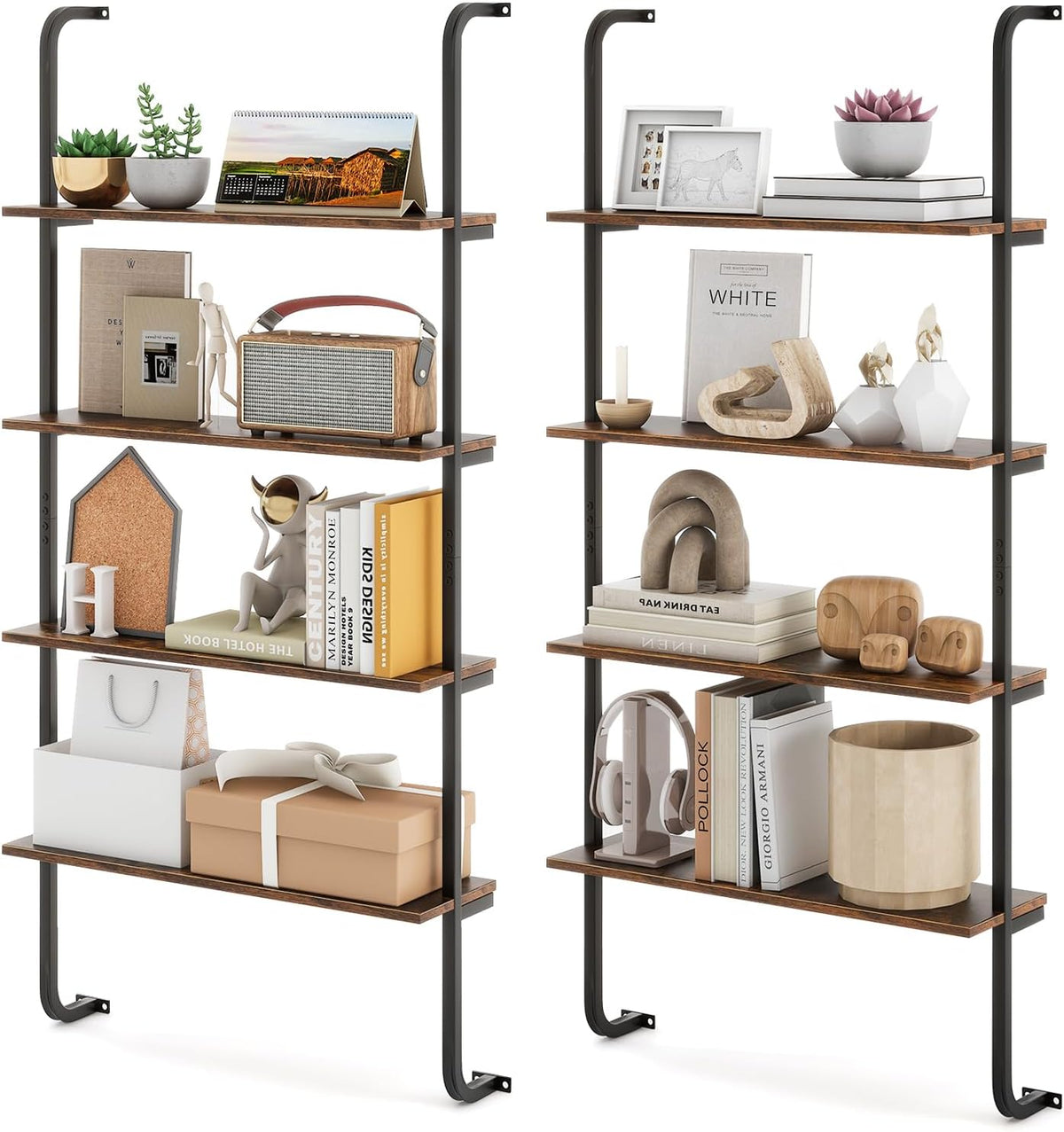 Giantex 4-Tier Industrial Bookshelf Set of 2, Wall Mounted Pipe Shelving Unit, Floating Shelves