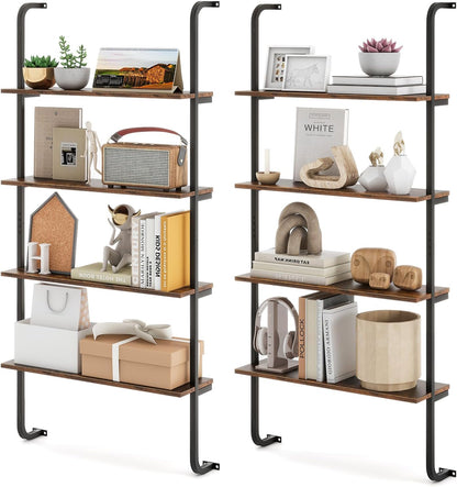 Giantex 4-Tier Industrial Bookshelf Set of 2, Wall Mounted Pipe Shelving Unit, Floating Shelves