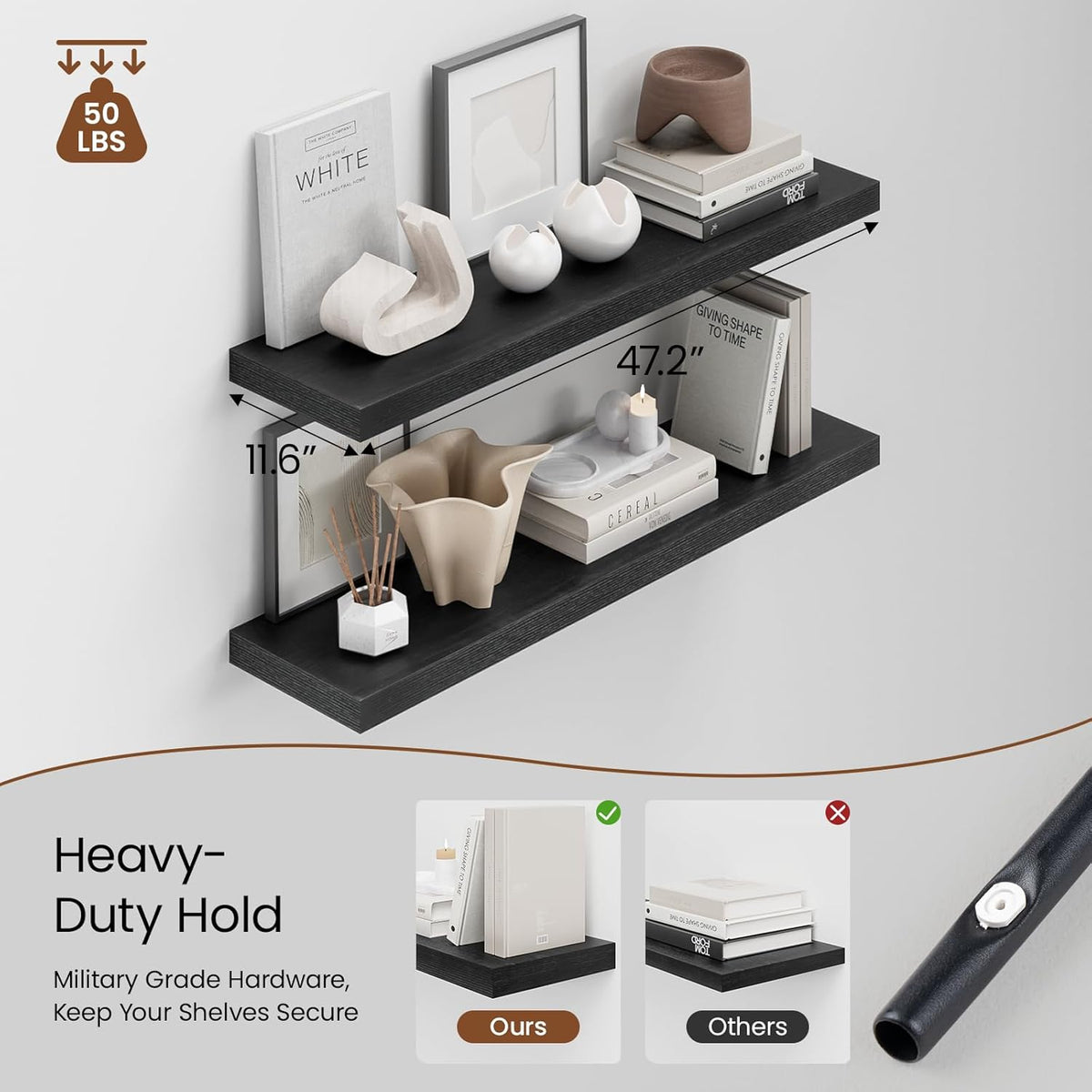 Heimlove 48W x 12D Long Floating Shelf, 12 Inch Deep Black Floating Shelves for Wall Set of 2, Wood