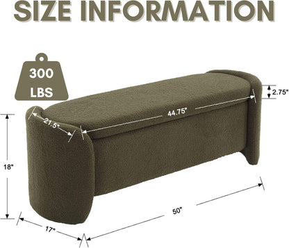 ROCTY Green Boucle Storage Bench - 50" Sherpa End of Bed Ottoman with Seating and Storage for