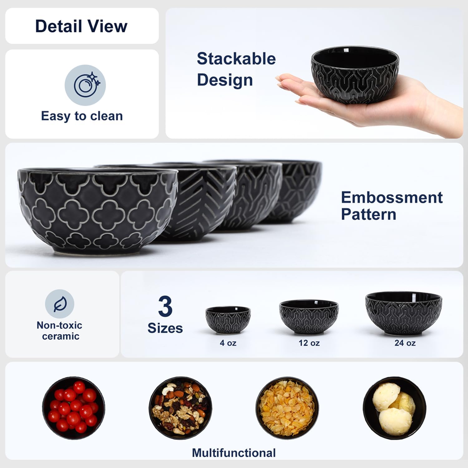 Sureasy Ceramic Cereal Bowls Set of 4, 5.9 Inch Deep Soup Bowls for Kitchen, 25 oz Embossed