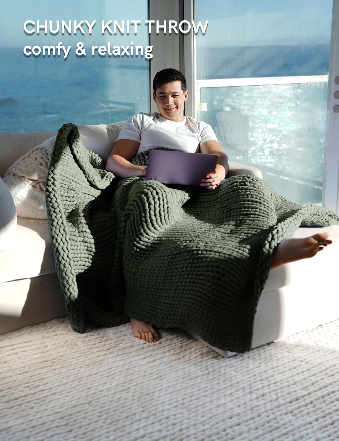 YnM Chunky Throw Blanket, Medium-Weight, Hand Knitted, Skin Friendly, Ventilated and Breathable