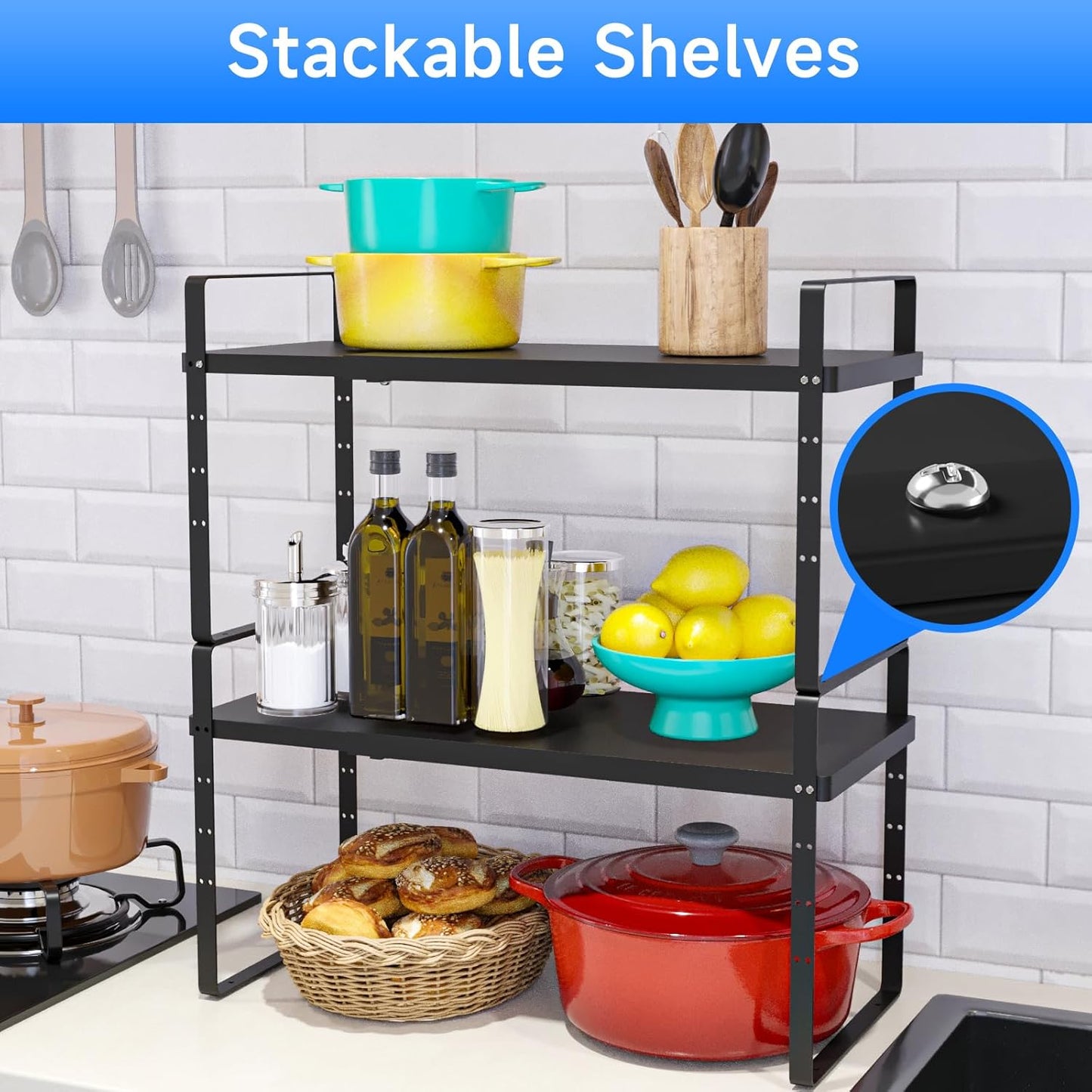 Expandable Cabinet Shelf Organizer, Stackable Kitchen Pantry Counter Storage, Adjustable Closet