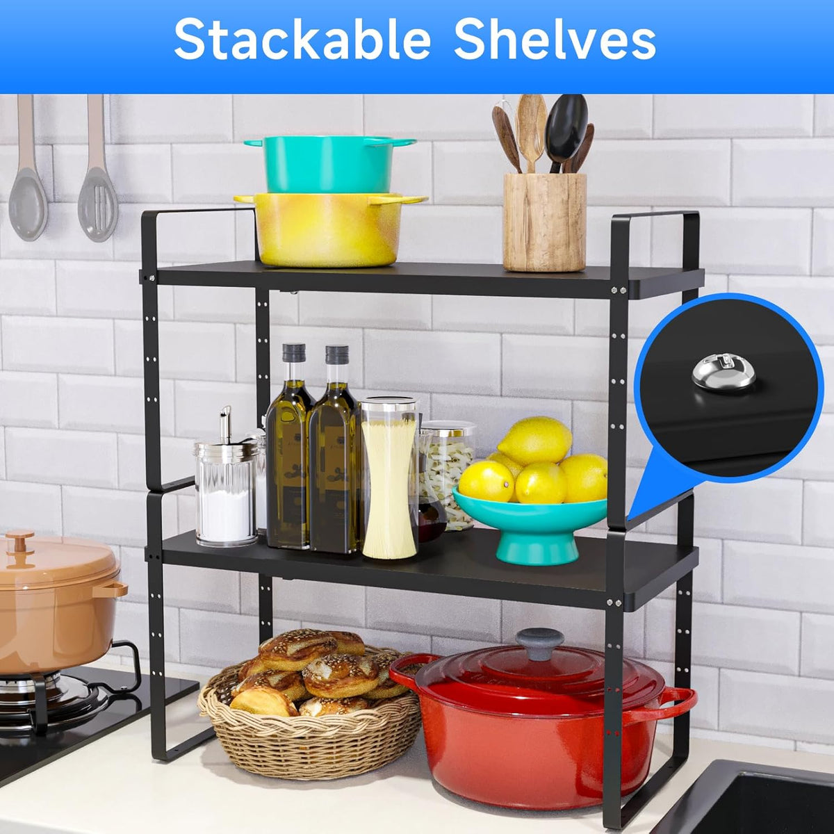 Expandable Cabinet Shelf Organizer, Stackable Kitchen Pantry Counter Storage, Adjustable Closet