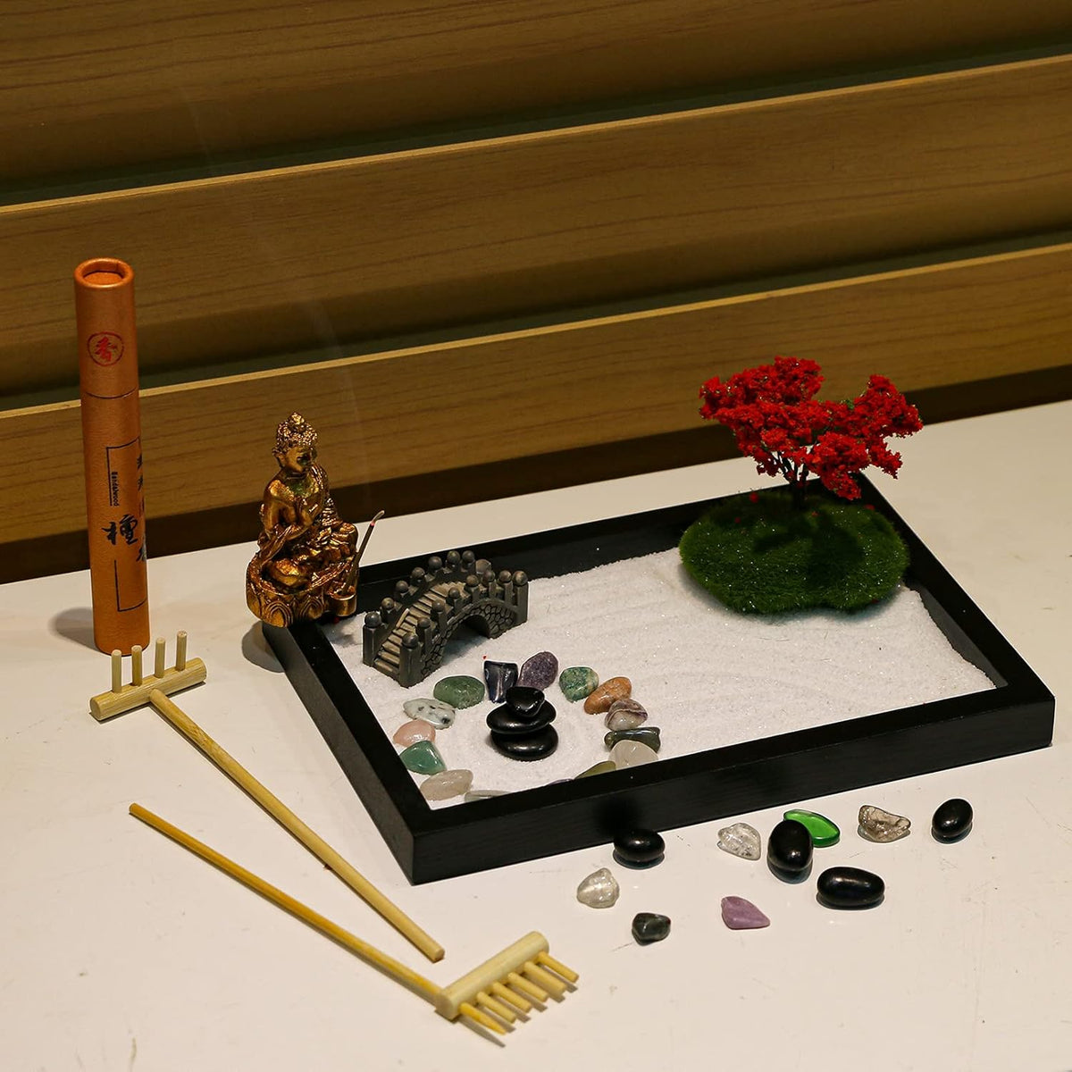 Mini Meditation Zen Garden Kit - Japanese Tabletop Rock Sand Chakra Buddha Garden Home Office Desk