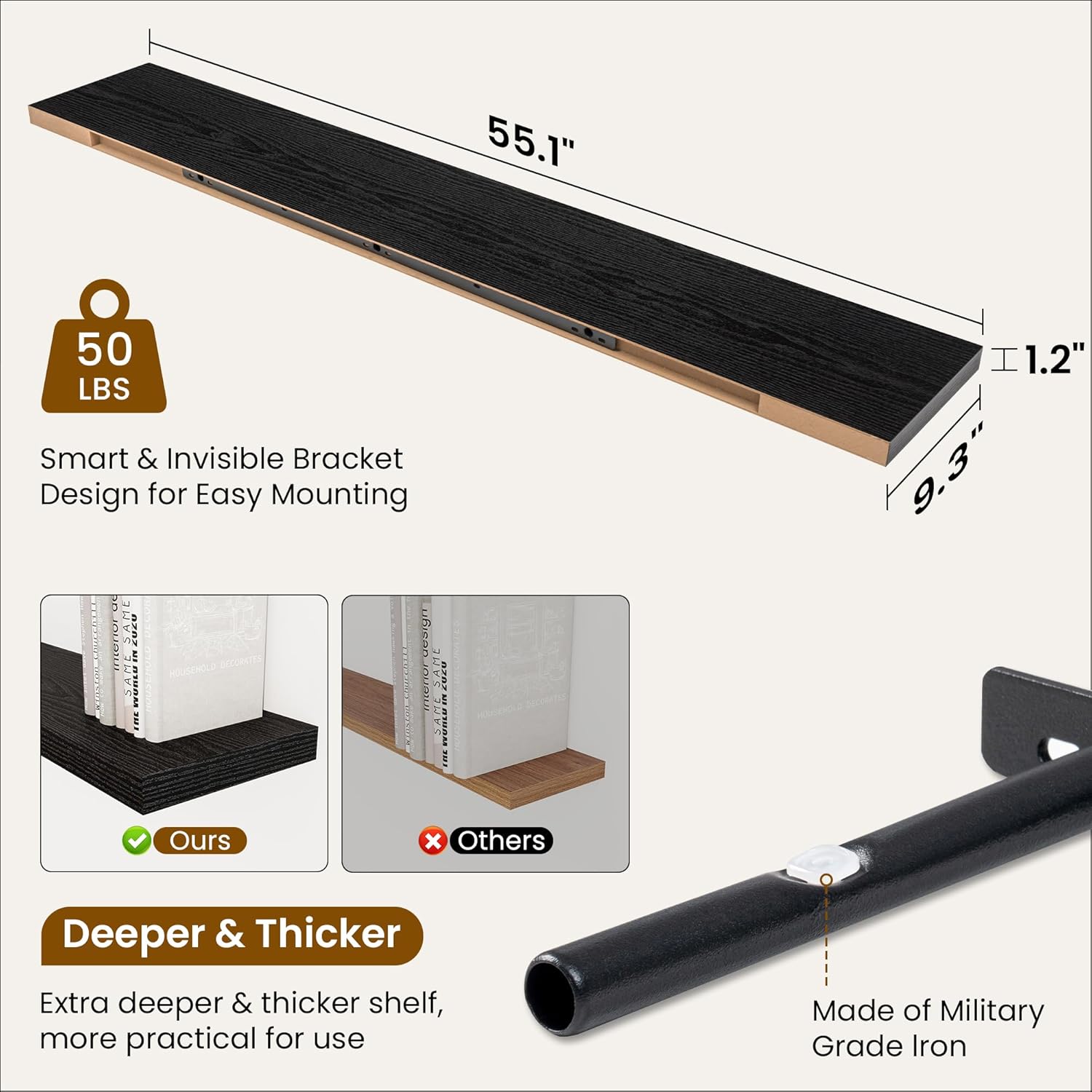 Fun Memories 55 Inch Fireplace Mantel Shelf -Long Floating Shelves, Deep Wall Mounted Farmhouse