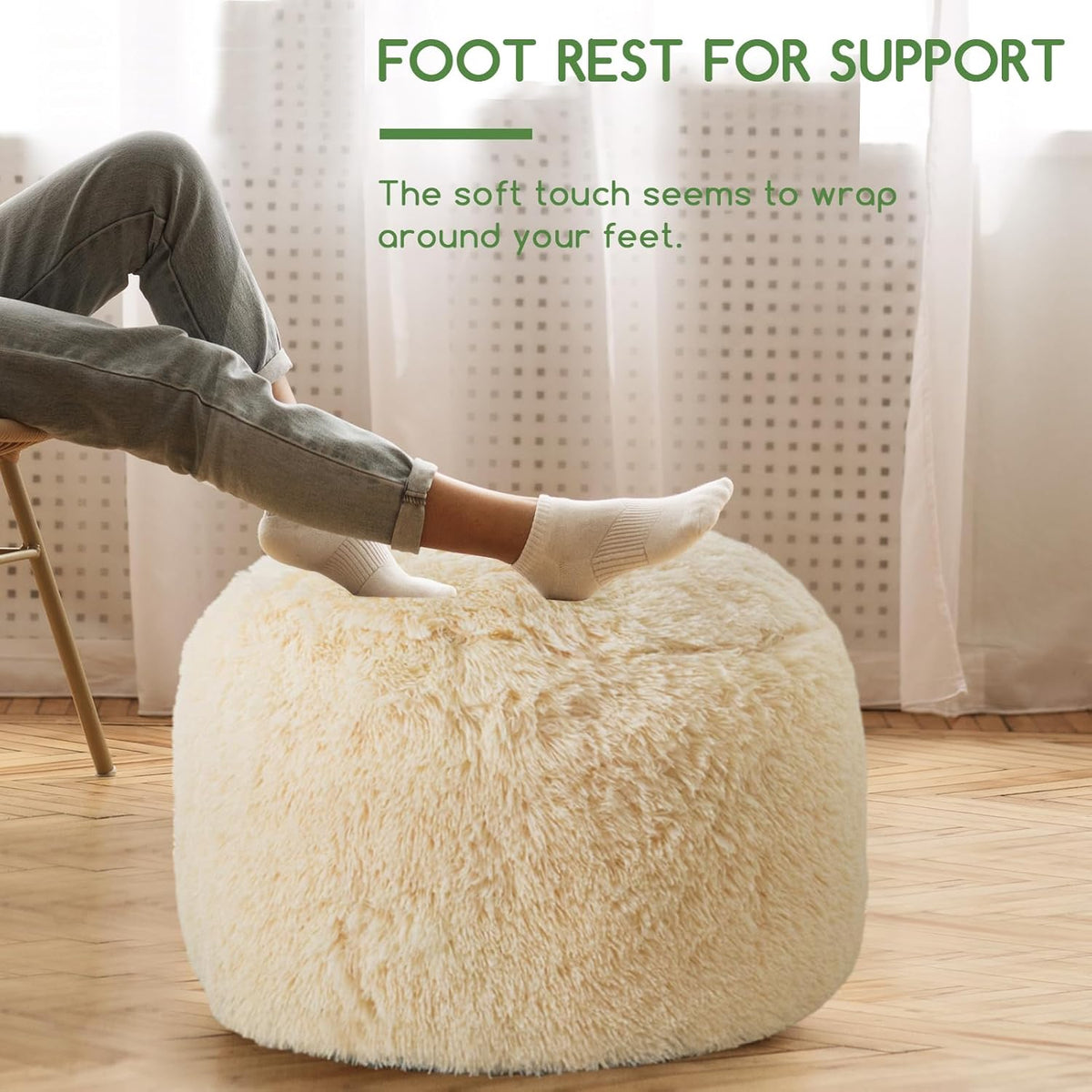 HIGOGOGO Round Stuffed Pouf Ottoman, Long Faux Fur Poufs with Foam Chunk Filling, Fluffy and Furry