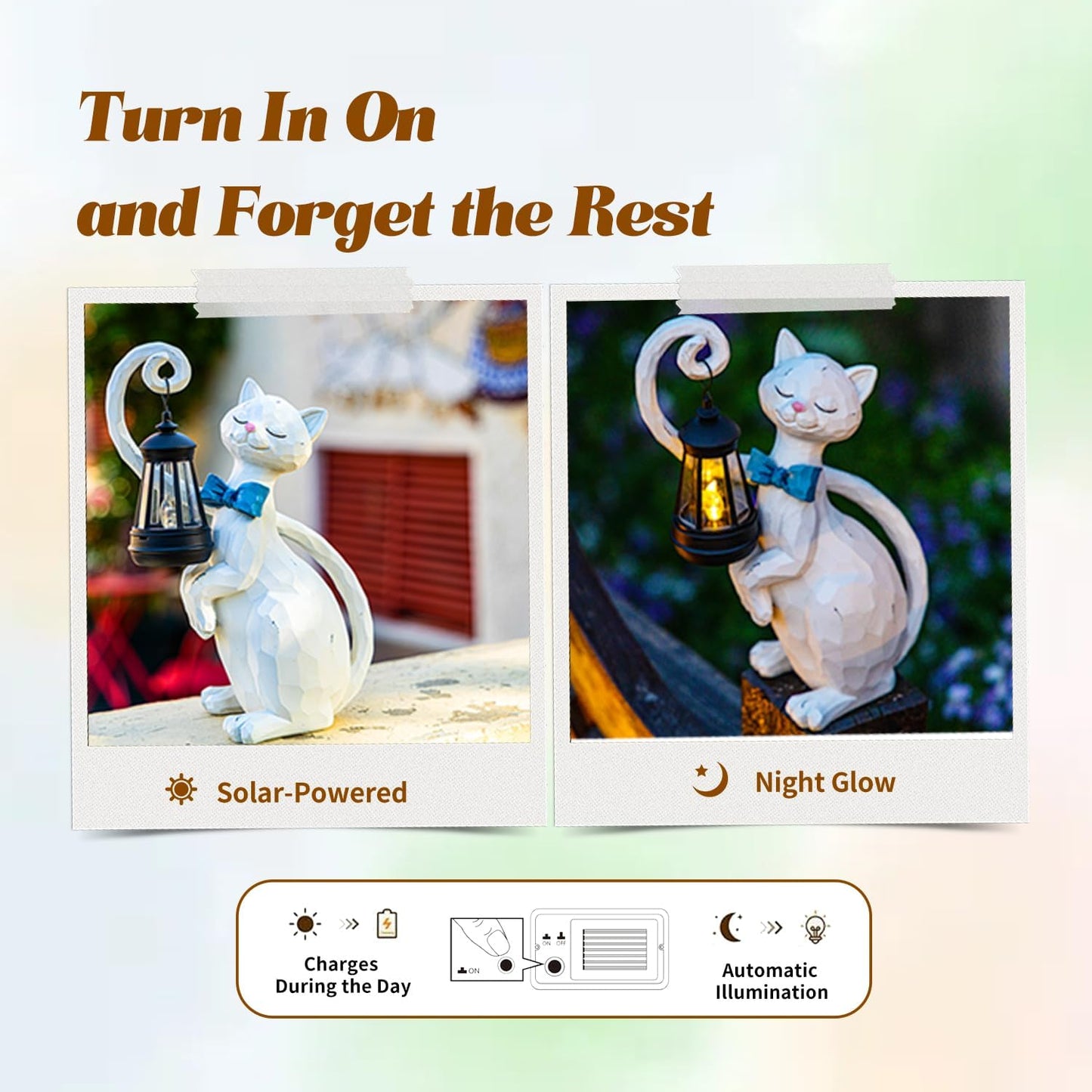 WHIMSYNOOK 10.7" White Cat Solar Garden Light Statue – Outdoor Garden & Yard Decor, LED Lantern