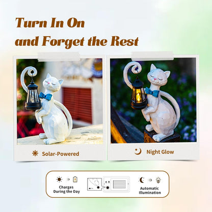 WHIMSYNOOK 10.7" White Cat Solar Garden Light Statue – Outdoor Garden & Yard Decor, LED Lantern