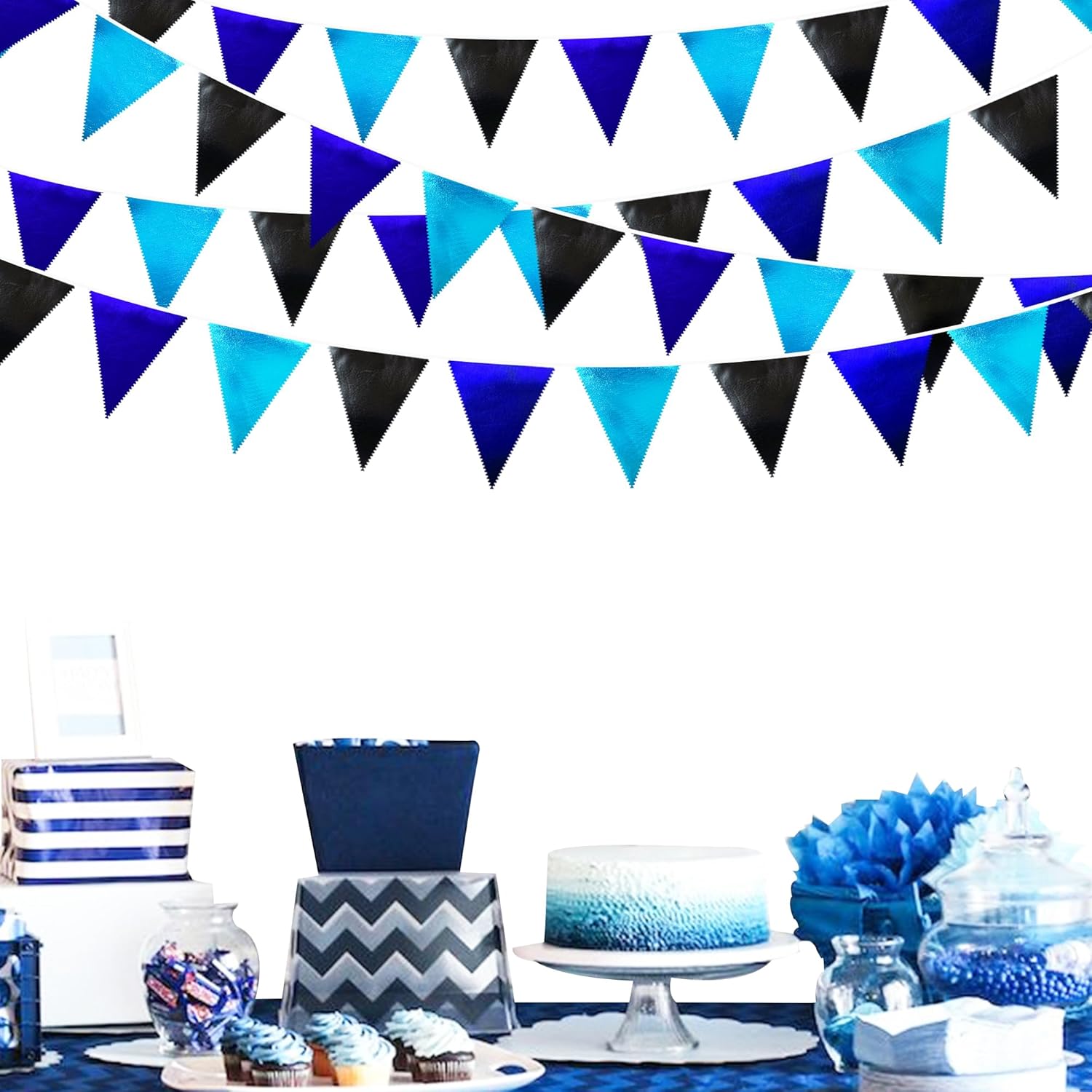 Black Blue Party Decorations Metallic Fabric Triangle Pennant Banner Flag Bunting Garland for Video
