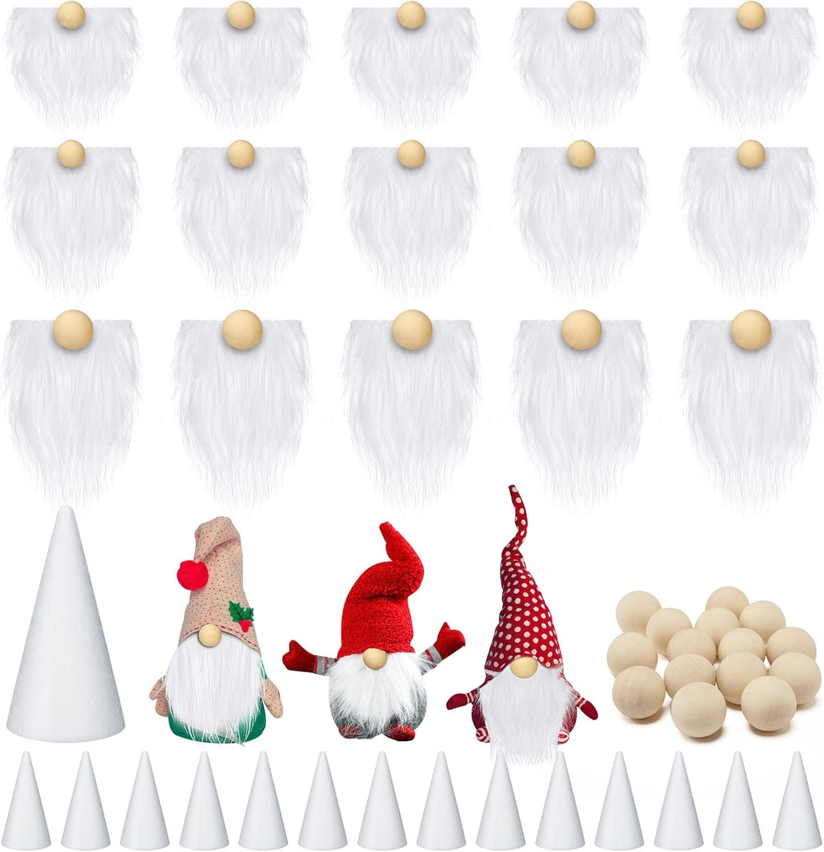 60 Pcs Gnomes Beard Sets Faux Fur Pre Cut Gnomes Beard Foam Cone Foam Handmade Wood Balls for
