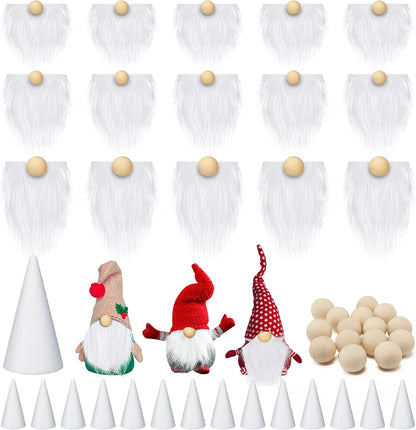 60 Pcs Gnomes Beard Sets Faux Fur Pre Cut Gnomes Beard Foam Cone Foam Handmade Wood Balls for