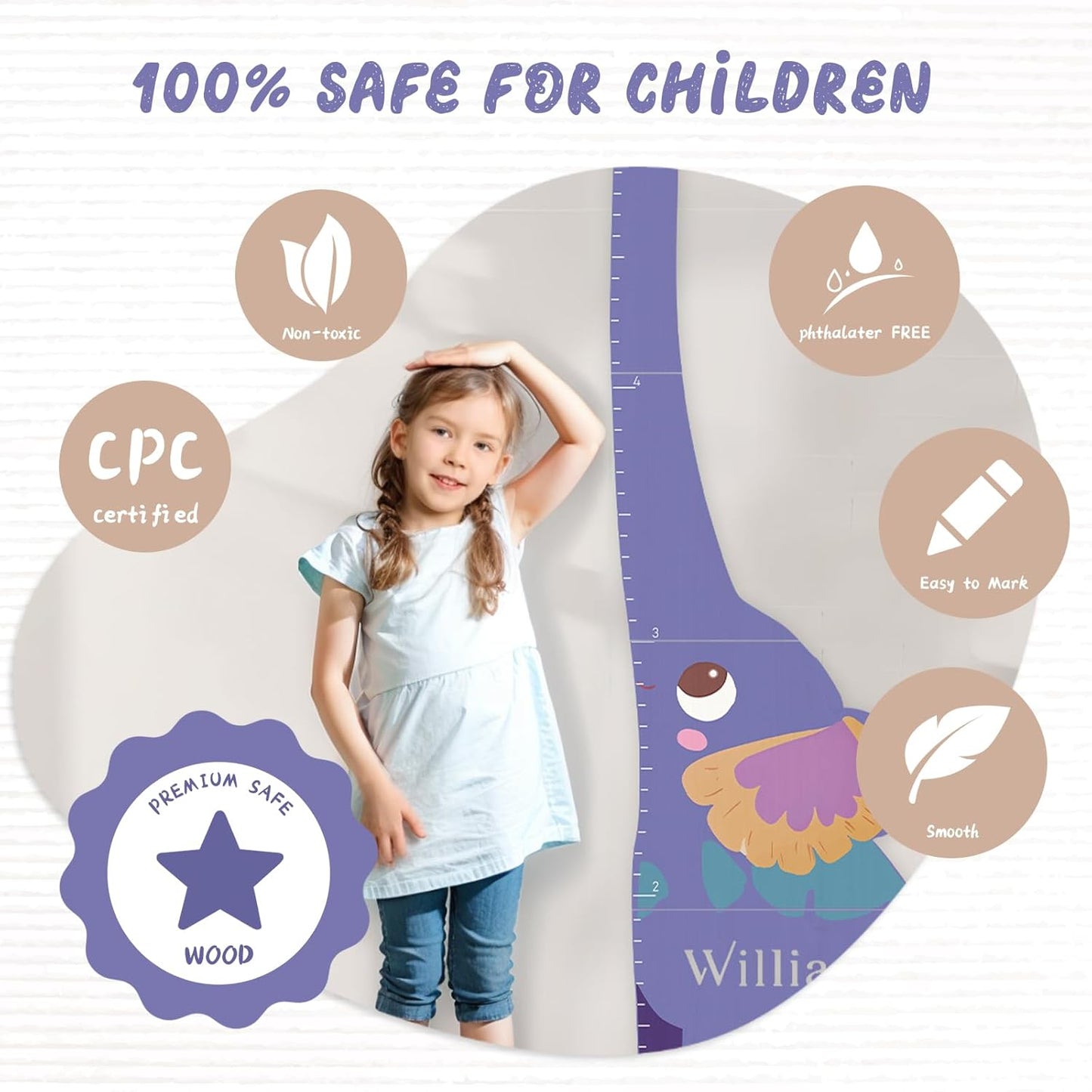 Personalized Name Growth Chart for Kids, Elephant Patchwork Wooden Height Chart for Wall Decor